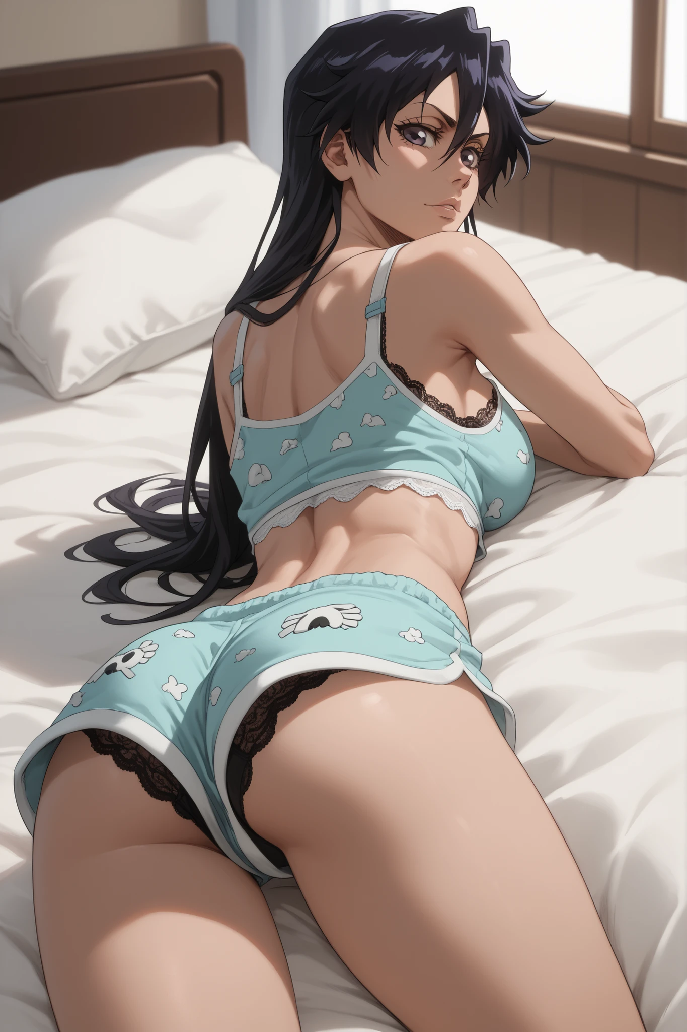 Miku Nakano with long black hair, She is in her room sitting alone on her bed with her legs open and touching her private part over her white thong and wearing a black bra., with wet legs and a provocative face