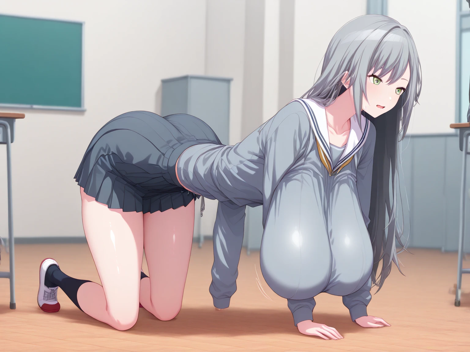 (masterpiece, best quality, ultra-detailed), 1girl, looking at viewer, walking, smile, in bedroom, showing ass, bubble ass, sweaty body, sexy, enormous ass, trembling, topless, visible breasts, visible pussy, cum dripping down leg, cum flowing out of pussy, cum on the floor, dildo vibrator deep inside her pussy, ahegao, peace sign, dildo in her pussy, ahegao/rolling eyes, high socks, very micro miniskirt, perfect milf body, perfect fingers, march 7th, perfect ???????, laying down, perfect legs, perfect limbs, ponytail, correct fingers, laying on her side, spreading ass with one hand, full body view, correct ???????