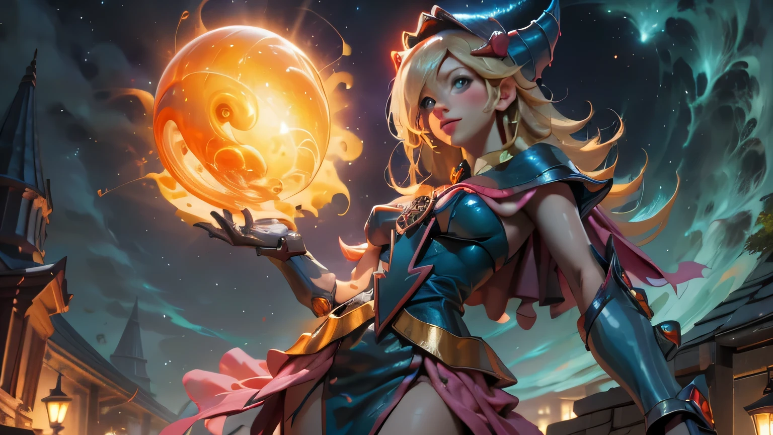 (masterpiece:1.2), (The best quality:1.2), perfect lighting, Dark Magician Girl casting a spell, in his twenties, floating in the air, big tits, neckline, blue robe, big hat, from above, Sparkles, Yugioh game, magic of the heart. heart lights, romantic heart