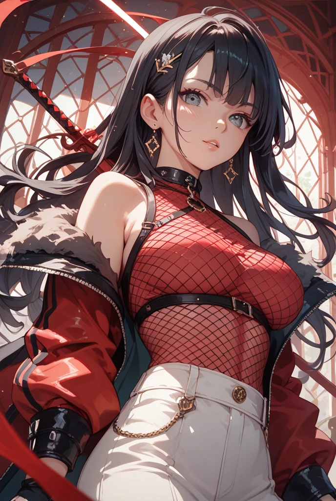 16K, RTX, HDR, extremely high details, intricate, professional makeup, cowboy shot, best quality, masterpiece, night time, 1woman, solo, mature, cool, confident , muscular, slutty pirate outfit, clear red glowing eyes,  long hair, red eye patch, smooth skin, cleavage, ((extremely slutty)).
