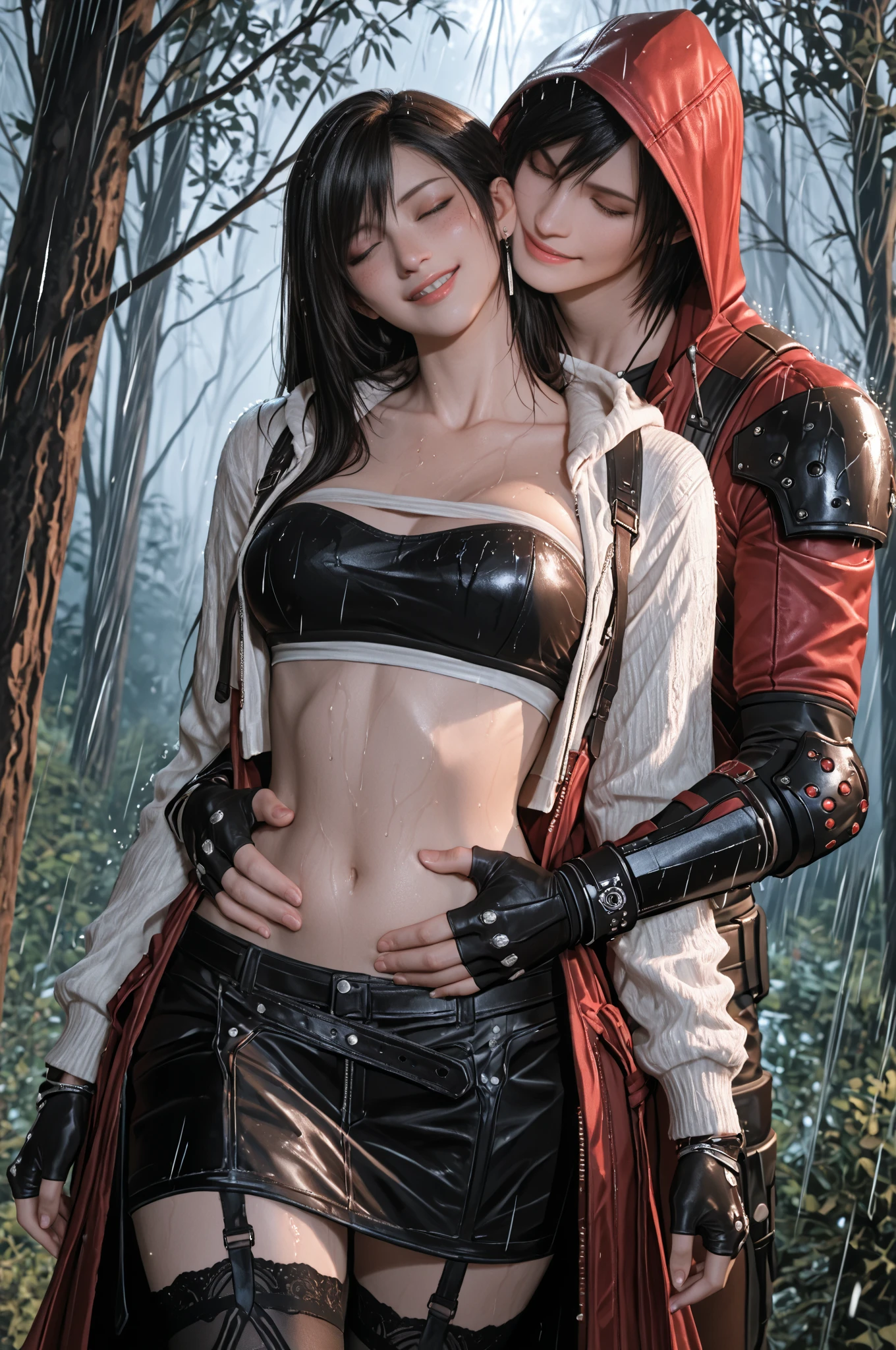vampire teeth , ((((nighttime))) , 2girls,looking at each other in the eye, long hair , RAW photo, high quality, film grain,simple background, presenting, beautiful, (black and red lined satin cloak tied at the neck:1.20) , biting necks , breasts,big ass, clothes lift,bottomless,  moonlit graveyard , (2girls,yuri), 