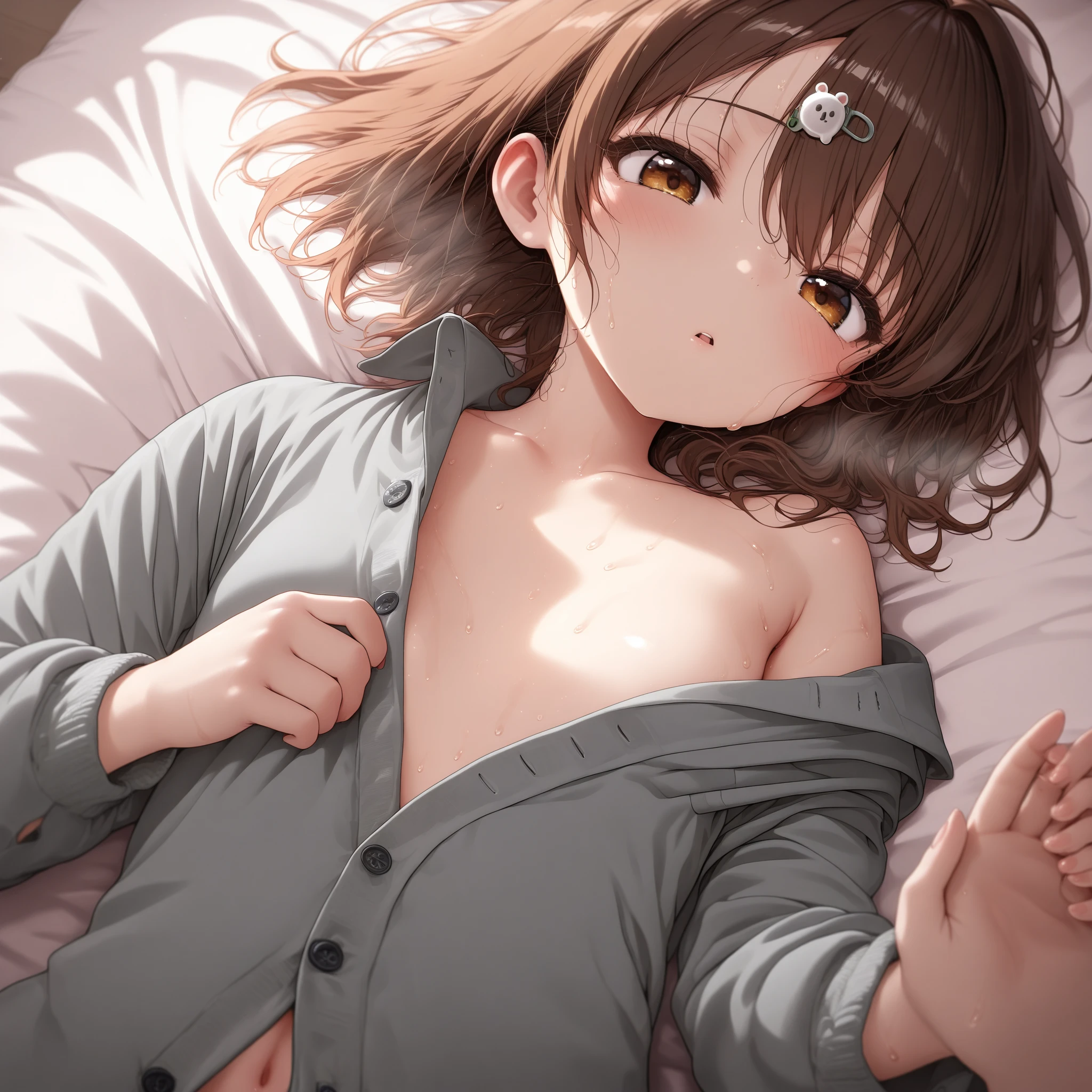 （（super high quality,Ultra-high resolution,16K,super masterpiece,Ultra HD ,Detailed shading,））One mother,popped Tight collar White shirts,Naked shirt,Cleavage,Folded sleeves,Not wearing,Ecstatic smile,blush,A small amount of drooling,Sweaty,Western-style room with morning sunshine,Lying in bed,Spread your legs,Put your hands on your crotch,Love juice,Touching the chest,Shooting from above,