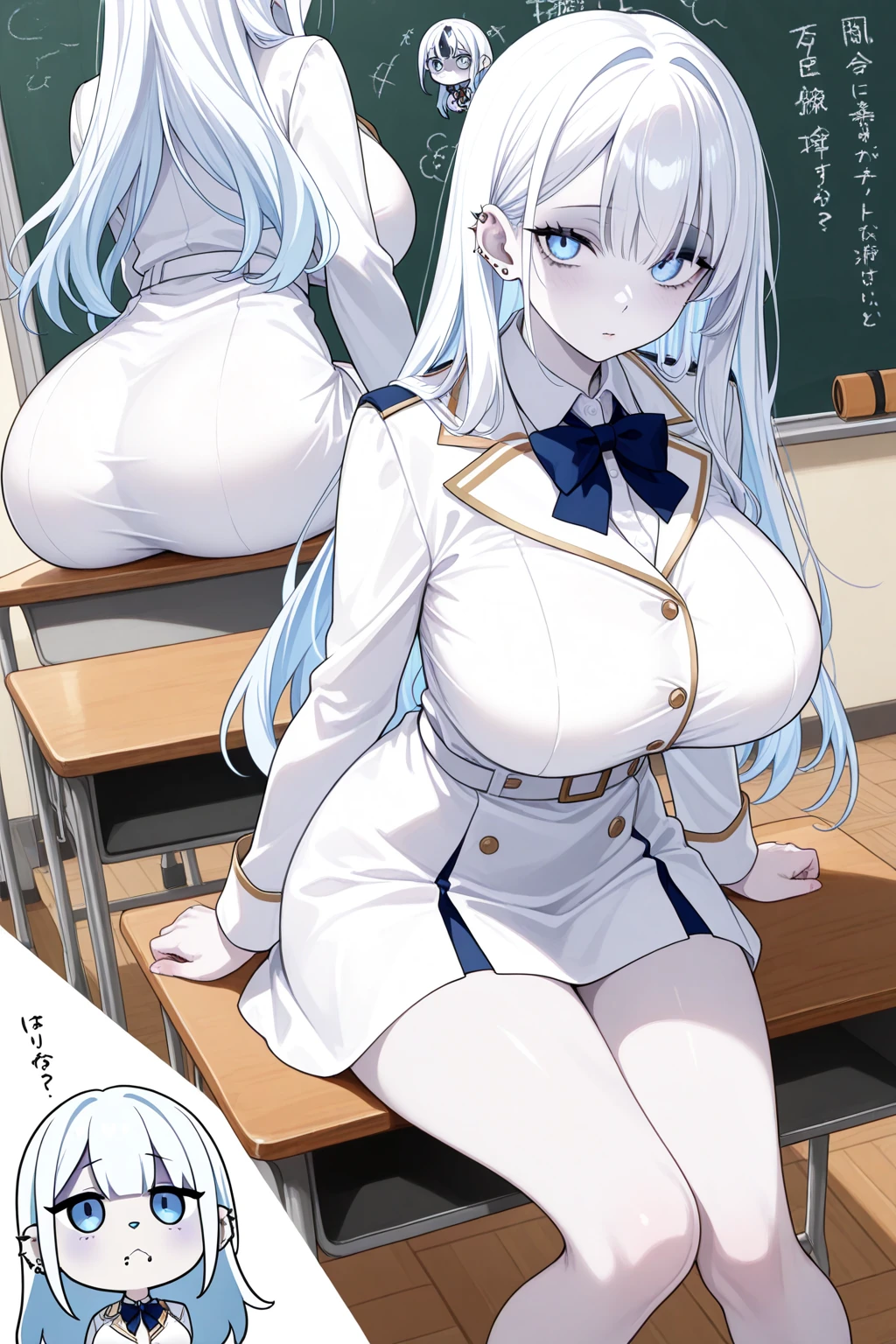 Cute naughty priestess, Pastel colors hair, large breasts, Thighs, (silver hair), blue hair, long hair, (pouted:1,2, blush:1.2), half updo, double bun, (naked:1.3), at the adventurer's guild, A bulletin board with posted paper