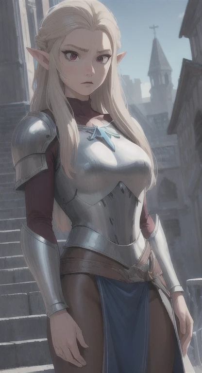(masterpiece:1.2), (best quality:1.2), perfect eyes, perfect face, perfect lighting, 1girl, mature female, warrior, long hair, braid, blue eyes, hair in the wind, makeup, eyeshadow, thick eyelashes, scuffed armor, breastplate, leather leotard, thighhighs, skindentation, pauldrons, fingerless gauntlets, dark fantasy, dark, detailed outdoor background, cloak, fur, from the side  <lora:dragonsCrownStyleHappy_dragonsCrownArtbook:0.2>