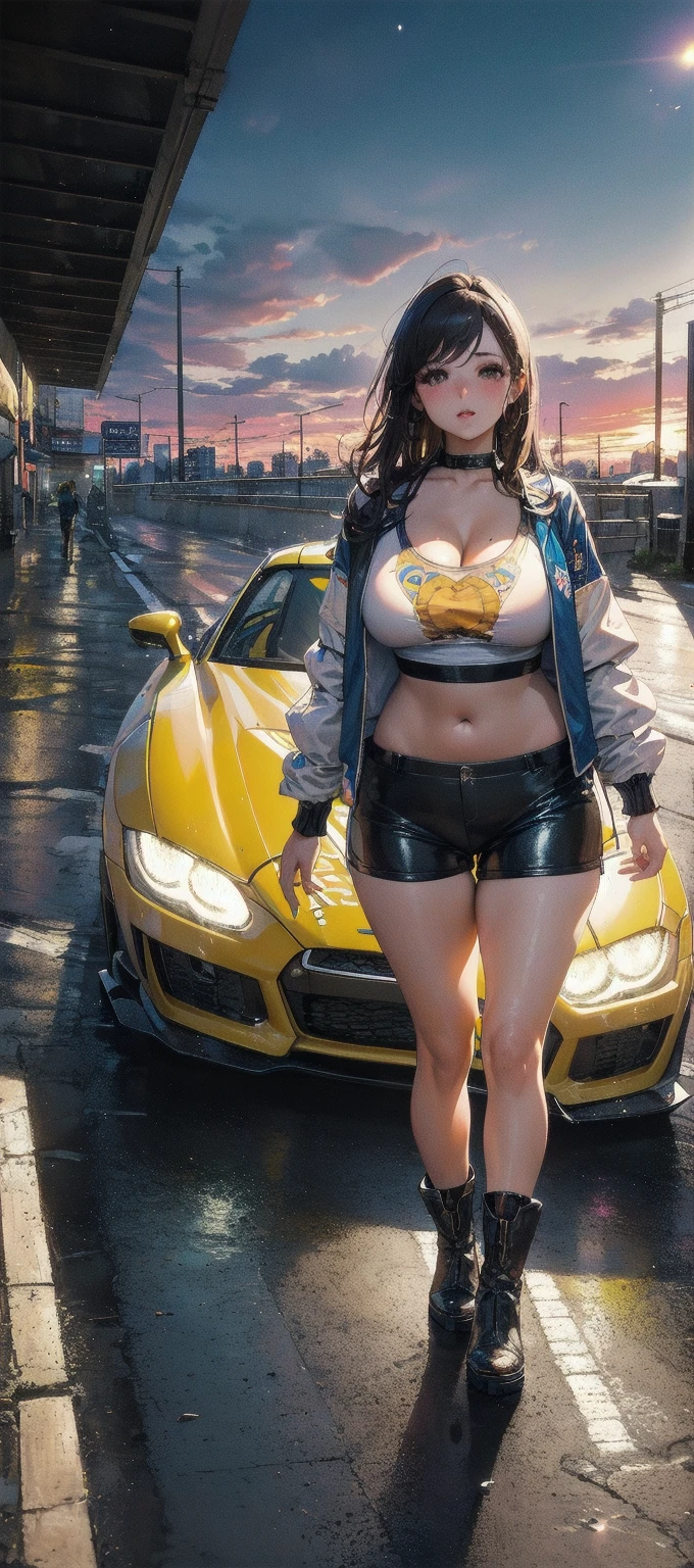 1girl, sexy, belly pooch, neon orange, full-figured,(((neon orange))) NASCAR, car racing, wearing racer top, voluptuous, exposed tummy, hip, crop top, closeup, masterpiece, best quality, sexy, dynamic pose,aesthetic, beautiful face, curvy hips, thick thighs, face focus, closeup, 8k, RAW photo, photo-realistic, short hair, messy hair, bangs, photorealistic, dark shot, spooky, intense stare, cinematic lights, intricate details, highly detailed, slate atmosphere, cinematic, orange colors