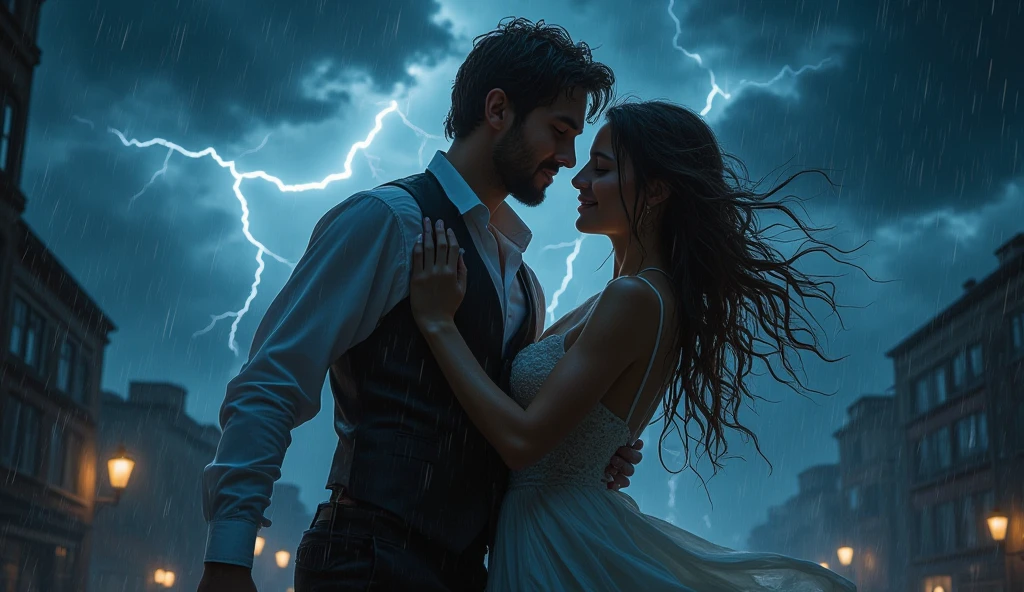 Couple dancing in a lightning storm, soft lighting, concept art