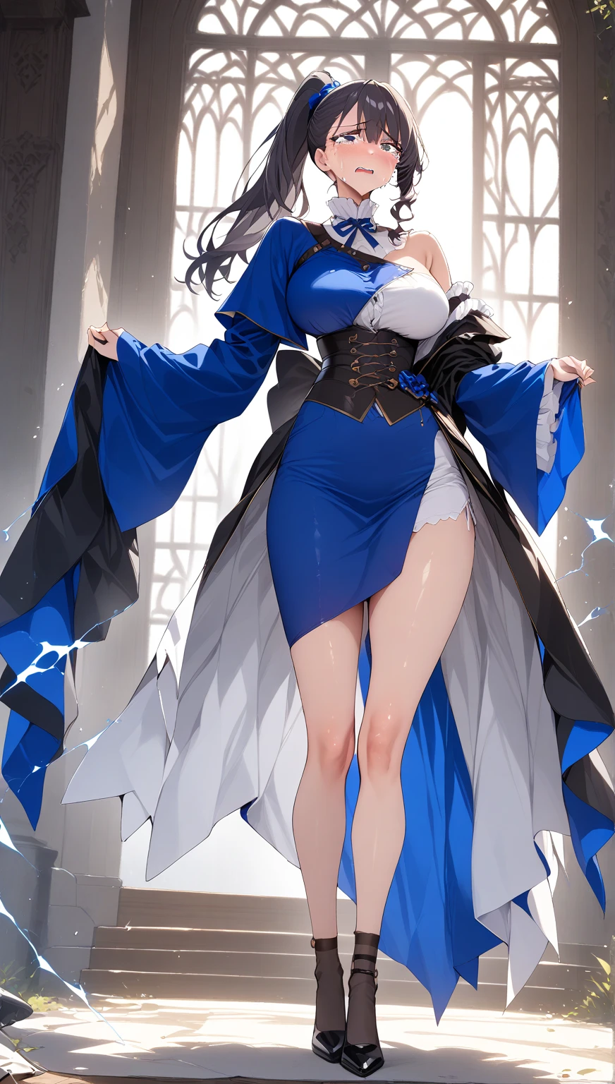 Jedi, Lightsaber, Tight tunics, legs, alien, curve, serious, Blue lightsaber, (Best quality)+, Masterpiece+Length of blue hair to the middle of the back, with a necklace and a blue dress and white, a halo of water over the head, Scales visible on the body and face, NSFW,pele ultra-realista,T-POSE, A-POSE,MODEL SHEET, 3d style