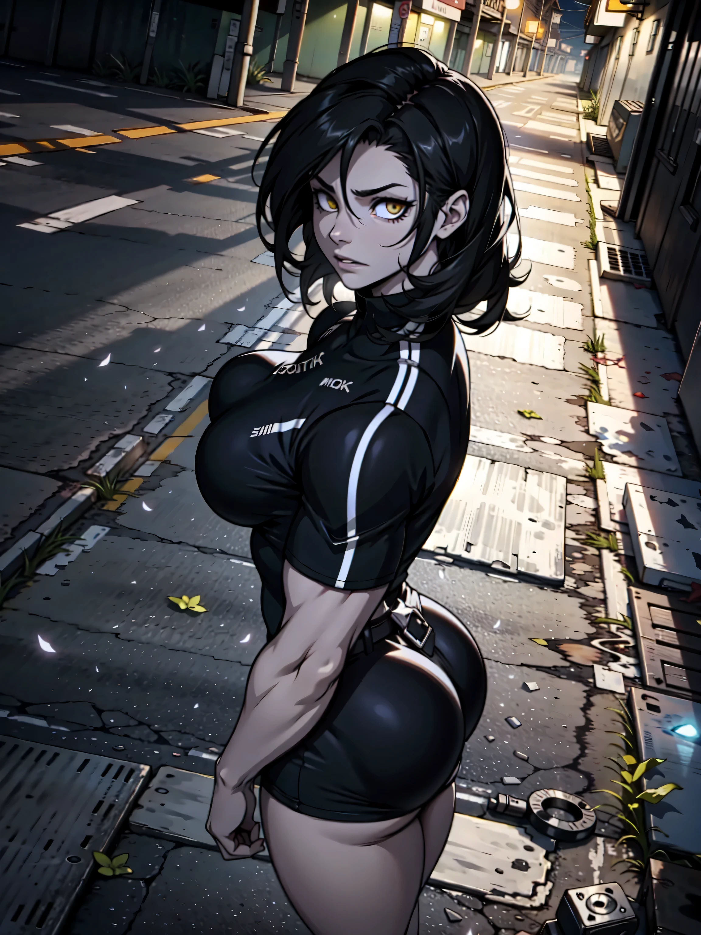 Close up pale skin solo 1 girl black hair yellow eyes angry (cabelos muito longos suados) atmosfera escura (peitos enormes fisiculturista corpo tonificado musculoso) Black Shirt Tight Tights Curvy Thick Thighs Wide Hips Snow Veins Cloudy Steam Concrete Cheeks Peach Tone Gym Thick Eyebrow (fundo amarelo e preto)