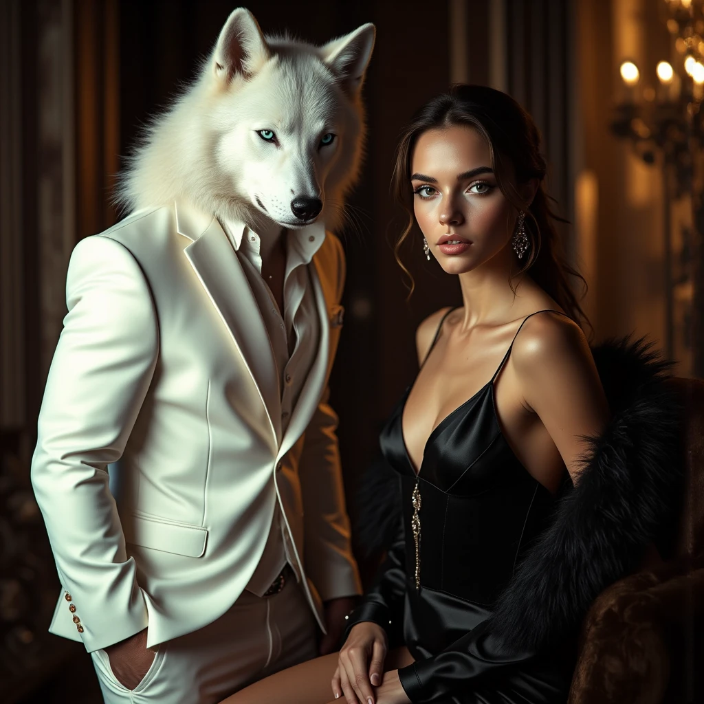 A wolf wearing a tuxedo and hat hugging a beautiful woman with large breasts in lingerie and big round buttocks.