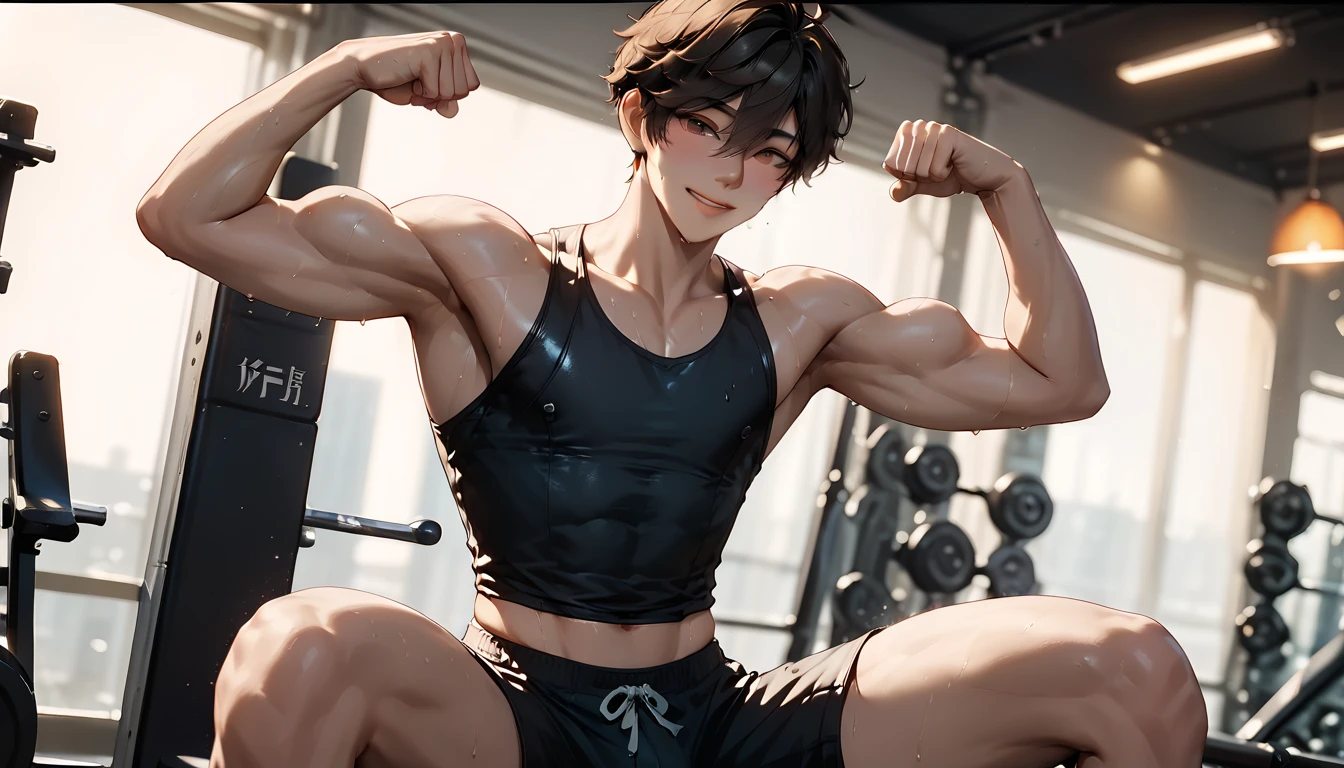 young guy, short black hair, high ponytail, yellow eyes, scars, embarrassing, smile, bandages, martial arts pants, open torso, Masterpiece, hiquality, 4k, HD, Good detail