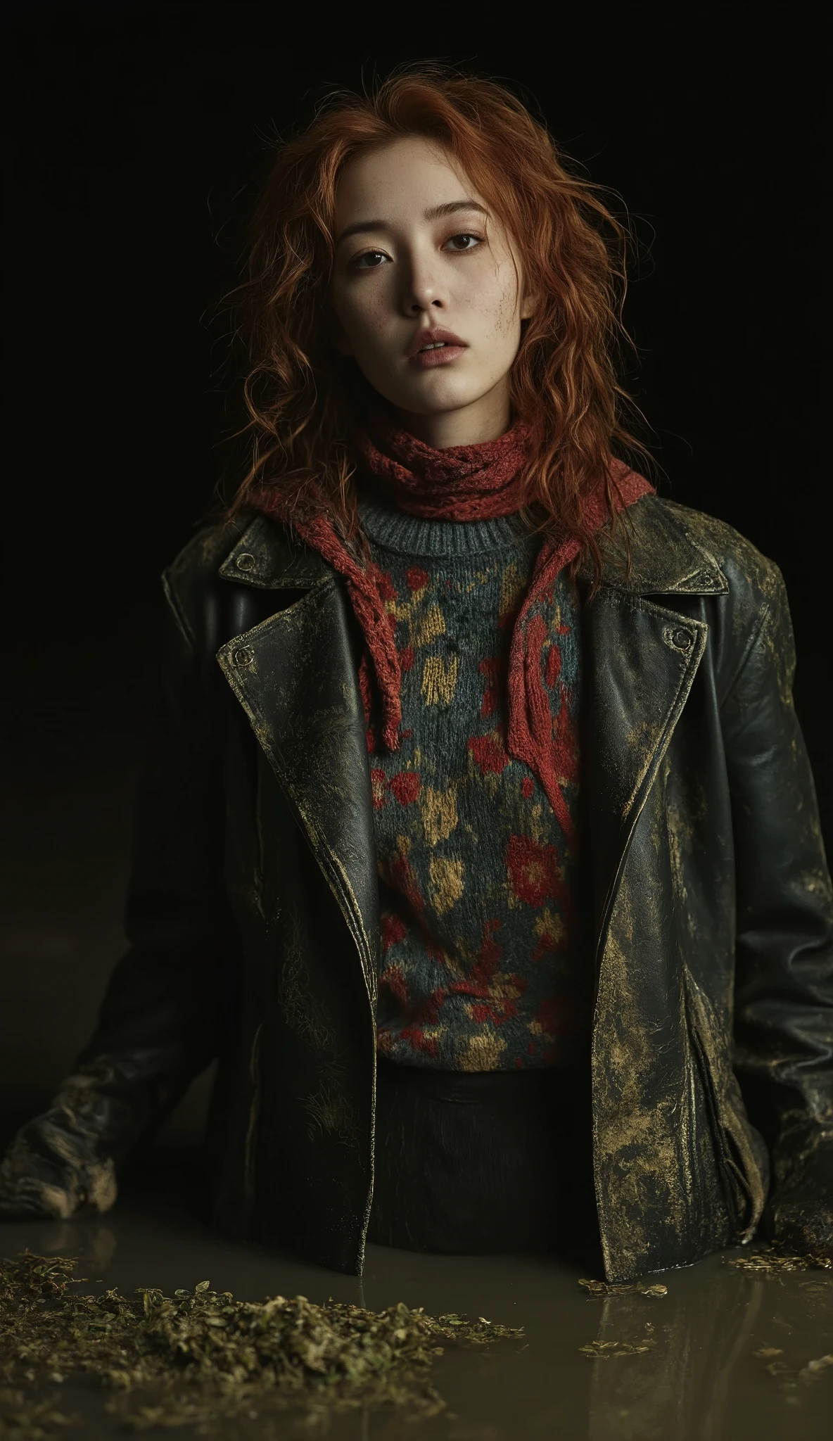 overdetailed, shocking art composition, Masterpiece vintage, Surrealistic, existential dramatic setting , expression of emotional crisis , black night light ,pale sick middle-aged woman, drowning in a mud swamp, gray sludge , duckweed reed, natural faded skin texture , Knitted diving sweater, floral accents, red black , black background, faded leather dirty jacket, artistic seductive standing, freckles, copper curly hair
