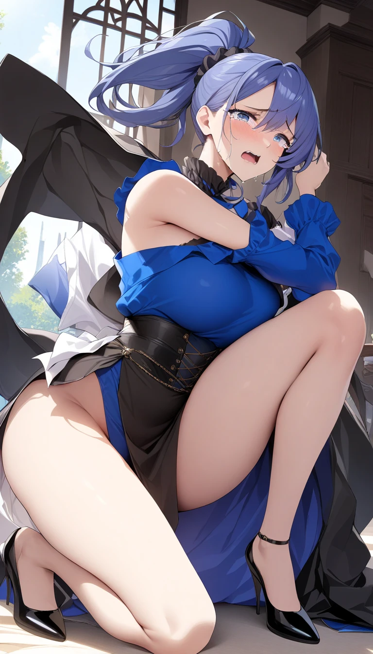 masterpiece, best quality, light particles, ultra detailed, perfect anatomy, anime style, 8K, (girl), medium breasts, young girl, various poses、long gray hair, high ponytail, pink eyes, bat wings, black dress, (nipple, navel), (lift up),smile ,((orgasm face)), (girl look to the side:1.3), blush cheeks, (vaginal penis:1.2), (man:1.4), hetero, (lying:1.6), (girl spread legs:1.4), (Sex:1.7), (cum out:1.2), nsfw, mountain,lake, sunset, shadow, pov,