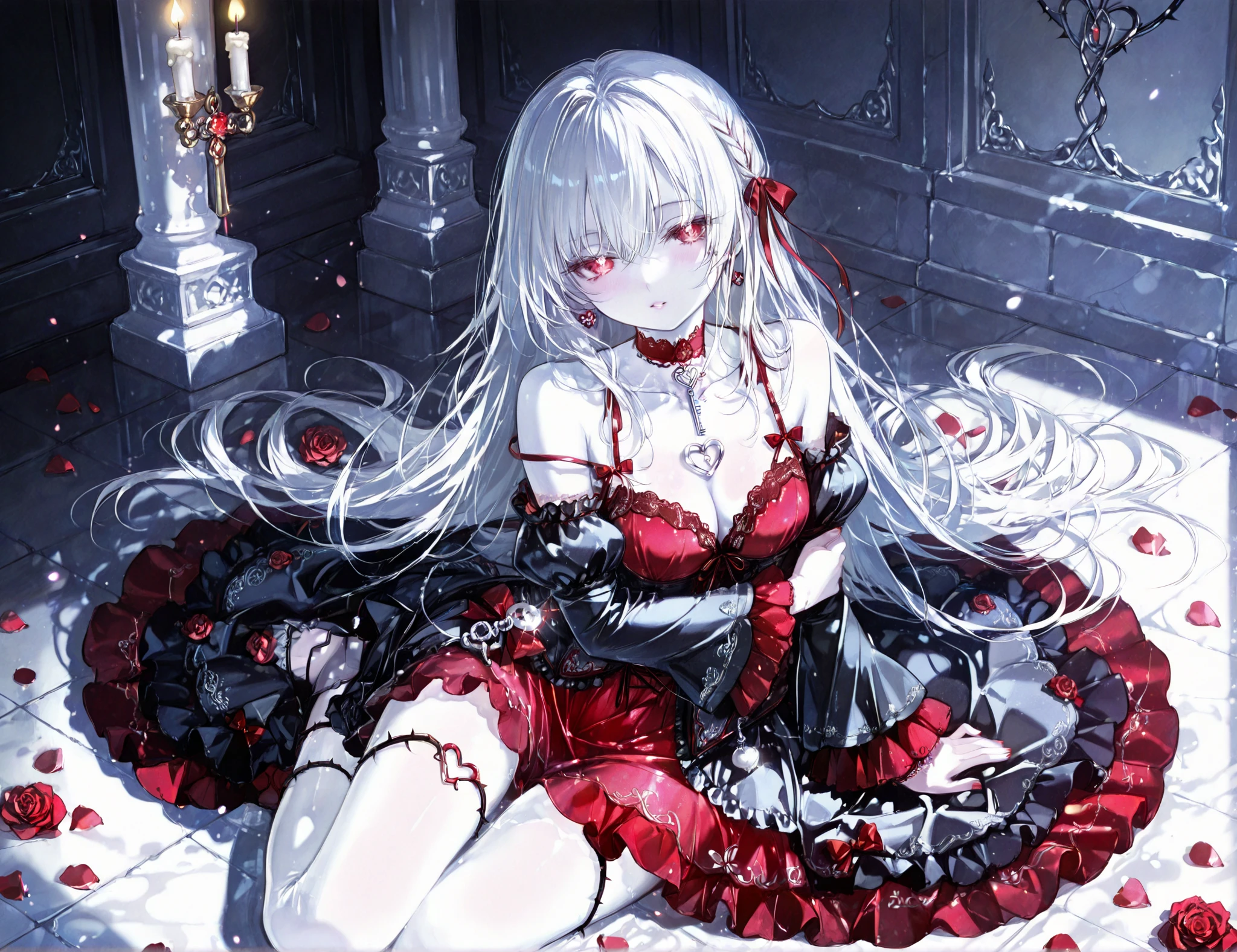 Mainly red and black, the skirt and cuffs have lace patterns, dark gothic style, the lower part of the red skirt has a circle of black skirt folds, and then a layer of red skirt below, so five layers, there are red and black roses opposite the color of the skirt on the side, prosperous and beautiful, young men and girls, black hair, shiny eyes, red eyes, masterpieces, illustrations, headdresses, hyperdetails, a pair of brothers and sisters, the brother wears a black suit, solemn, handsome
