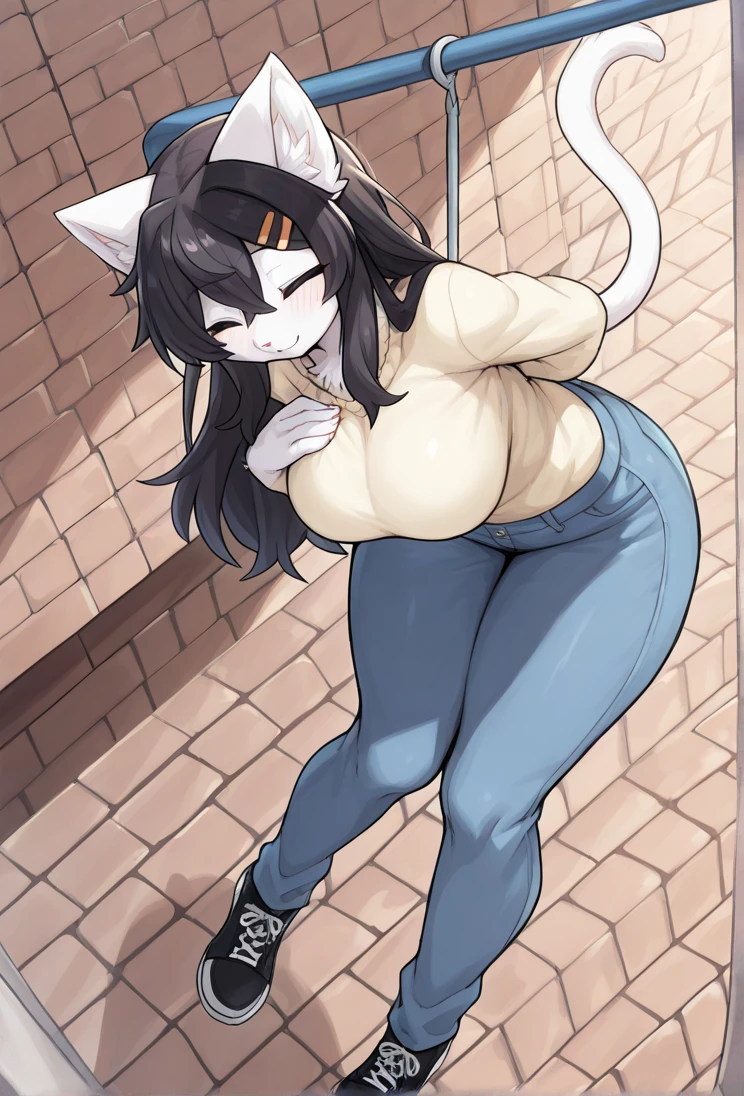 Solo, female, standing, feline, ((pink nose, tan fur, black stripes)), black hair, short hair, ((hair covering eyes)), graphic tank top, cleavage, jeans, alleyway, facing viewer, (((by bebebebebe, by spuydjeks))), ((by spikedmauler)), hands on hips