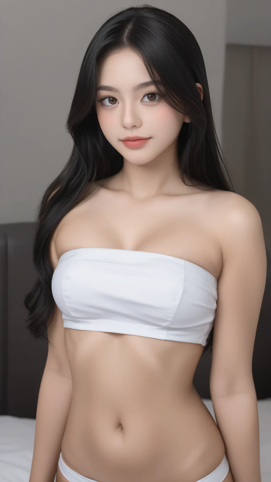 best quality, masterpiece, (realistic:1.2), 1 girl, black short hair, black hair, very short hair, brown eyes, Front, wearing underwear, bra and panties, bra exposed, bra seen, detailed face, beautiful eyes, malay, malaysian, detailed skin, skin texture, smile, shoulder exposed, dark background, high resolution, detailed hair, malay face, ((intan Najuwa)), flat chest, very small breast, small chest, small hip, small tits, dark skin, skinny, (small breast), darker skin, brown skin, ray lighting, cinematic, small hip, dim light background, dark room, brown skin color,