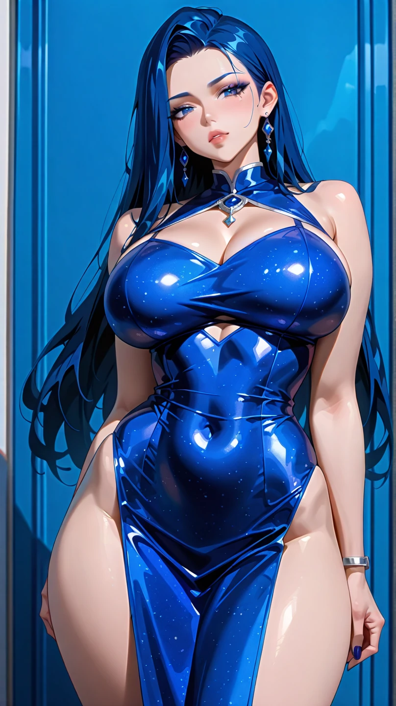 Laquadia, Blue Lips,Big Breasts,jewelry,Gray Hair、Long Hair、High resolution、high quality、Long gloves、Blue swimsuit、青いLong gloves、超High resolution, (Film Grain: 1.4)、very, very big breasts、Troubled face、Nipple Pochi、horn、Erect nipples、Breast milk、Succubus、Small devil