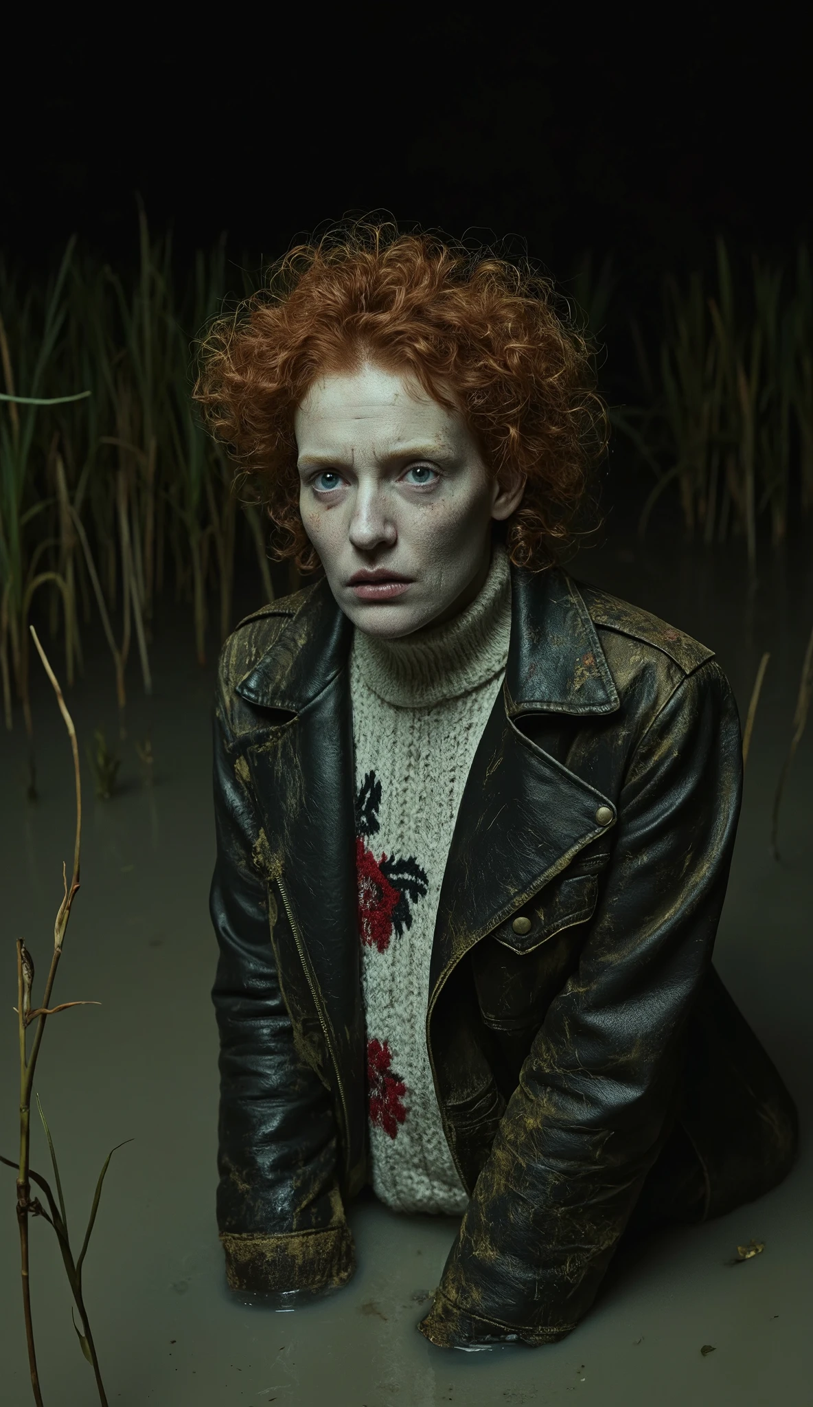overdetailed, shocking art composition, Masterpiece vintage, Surrealistic, existential dramatic setting , expression of emotional crisis , black night light ,pale sick middle-aged woman, drowning in a mud swamp, gray sludge , duckweed reed, natural faded skin texture , Knitted diving sweater, floral accents, red black , black background, faded leather dirty jacket, artistic seductive standing, freckles, copper curly hair