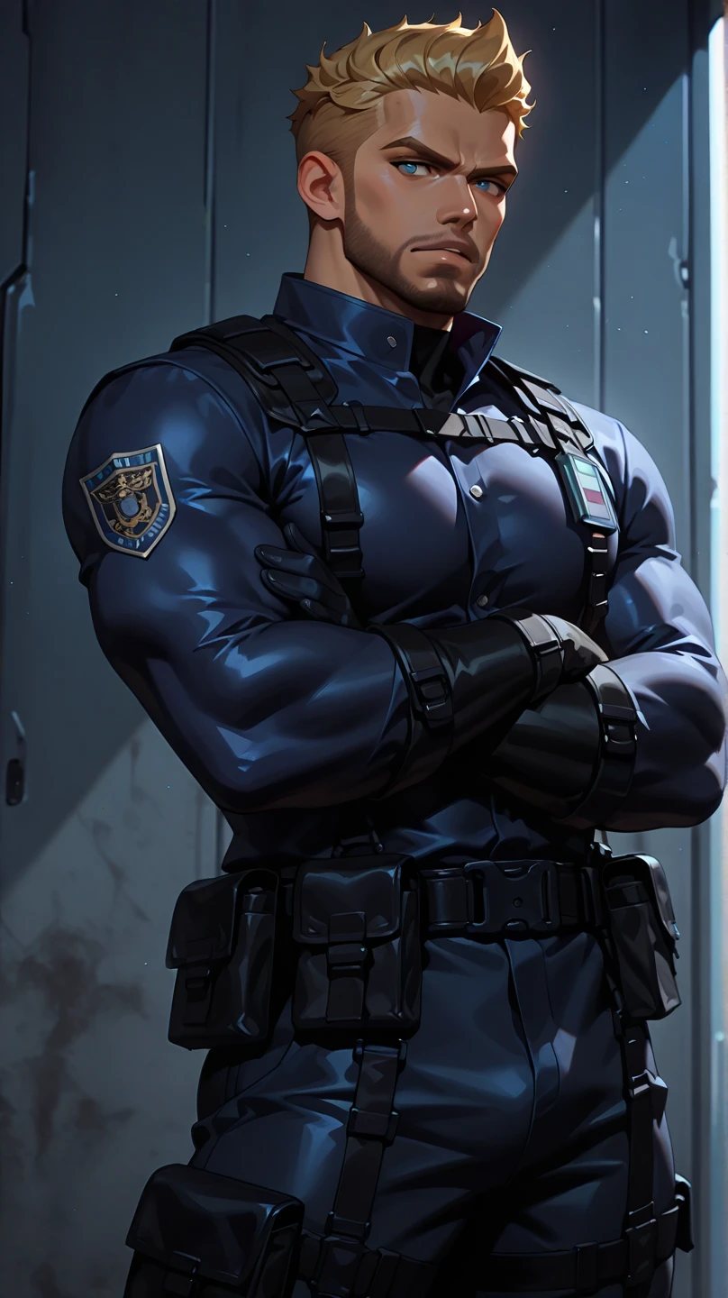 masterpiece, best quality, natural seductive blues eyes , one czech blond man walking, tall czech lad, big feet, iridescent black combat boots, full body, a man in police uniform, rifle , large bulge, long legs, looking at viewer, 30 years old, muscled and mature, slim waist, short haircut, open chest, shirt button undone, blue eyes, flush, orgasm, sweating, tight cloth, standed czech blond man wearing police uniform