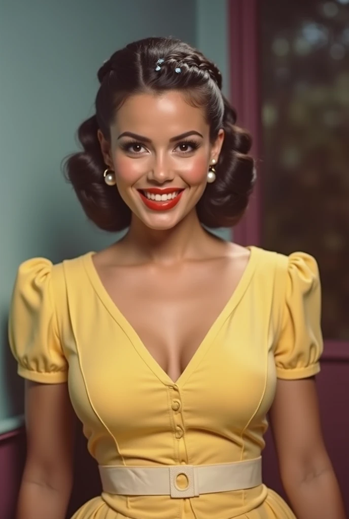 photo and gross. Raquel Welch, Swing Dress Outfits, vintage dress with flowers, 22 years old, perfect body, 40's, perspective, half body detail, sharp focus, light mix, detail, 70's, (high skin detail: 1,2), 8k hd, DSLR, Luz outfit, high quality, Fujifilm XT3 Grainy Films.