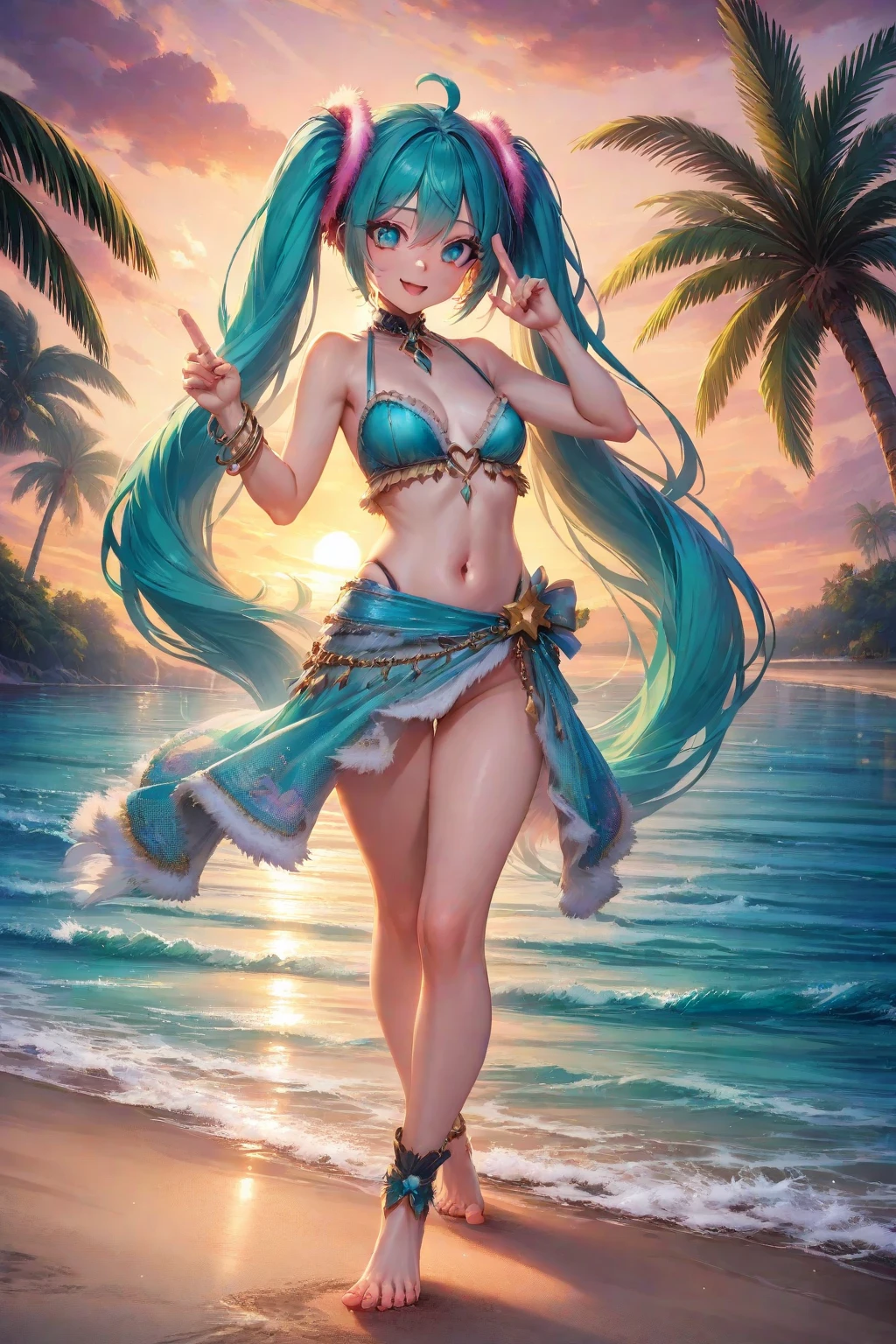 Melhor qualidade, super detalhe, obra de arte, Ultra HD, 8k, 1 garota, concentre-se na garota, Bikini, Star Guardian Lulu, League of Legends, look sexy, super sensual, roupa curta, na praia, exibindo as coxas, emphasis on the thighs.