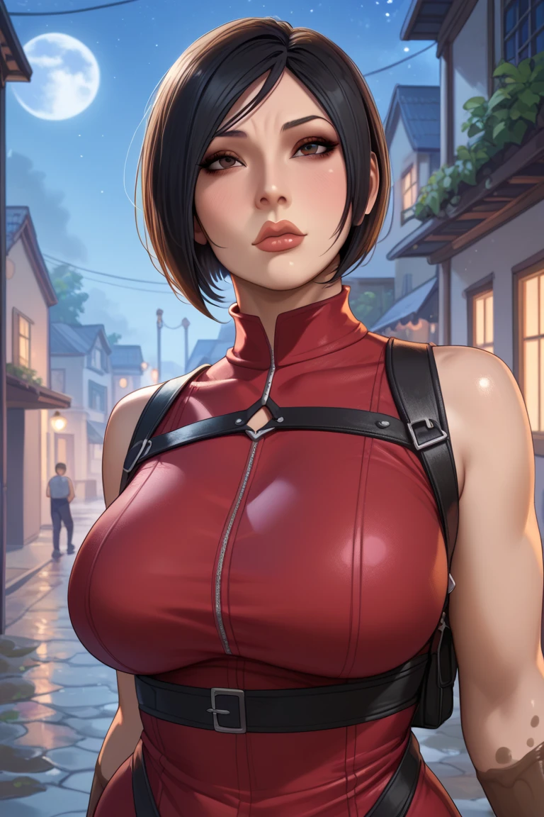 Amazing portrait of a sexy woman with her hair tied back in a high bun with her eyes emphasised by smokey eyeliner gazing at us seductively with her perfect lips parted wearing a red dress with black laces and fishnets