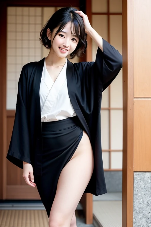 (facing back:1.2)、 (high-level image quality、hightquality、hight resolution、masterpiece、detaileds)、(There is a cute girl)、Smiling face at the camera、(Pure Japanese hairstyle with a hairpin)、(light brown hair)、((being thin:1.3))、((Small:1.3))、(Bra and panties with large kimono-style decorations:1.2)、Panties have a white floral pattern,She wears a collar, 手链, Kimono style garter belt.、(Holds a large golden dragon in both hands.:1.2)、The pose is so cute and nice、(Pure Japanese room in a large old folk house:1.2)