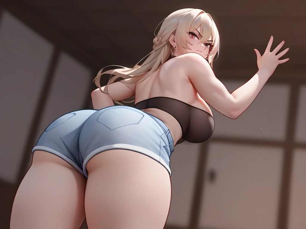 master piece, nude , thick thights, CROTCH, VAGINA, BARE ASS, master piece, 1girl, solo, lback, ong hair, blush, open mouth, hair over one eye, large breasts, blondv hair, blue eyes,ass focus, ass, looking back, , shy, nude , thick thights, mature female, bend over,