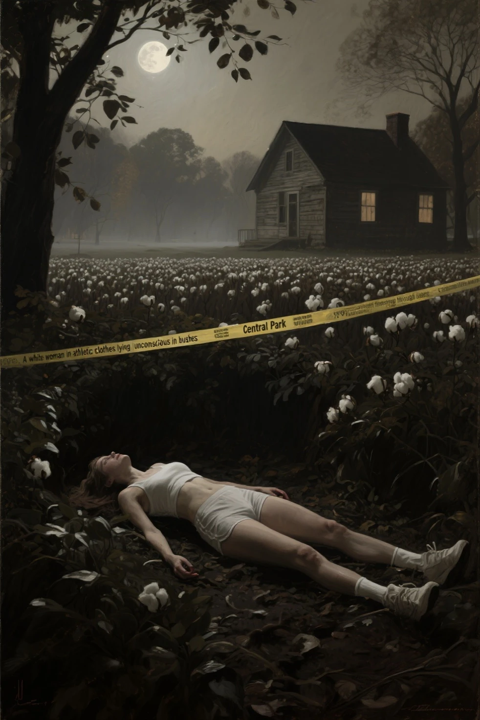 A young dead white woman lying on the forest floor, surrounded by lush greenery and a mysterious, moody atmosphere,and a single red slipper with its sole facing upward