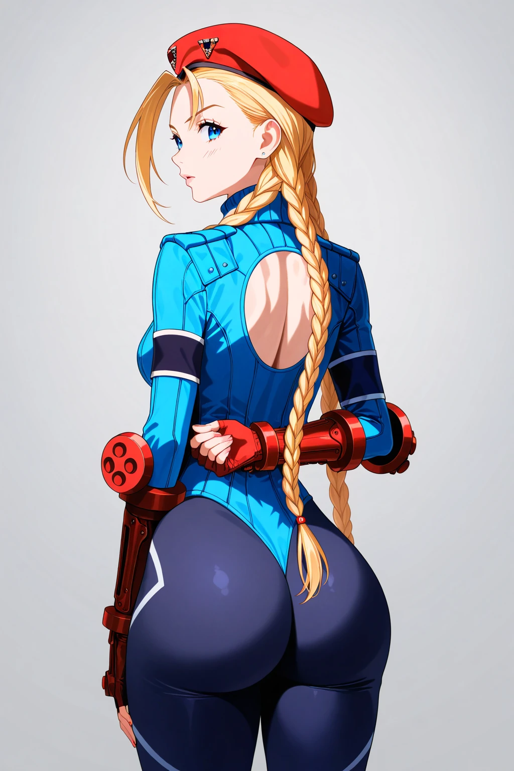 ultra-detailed, Explicit, Beautiful body, Beautiful Nose, Beautiful character design, perfect eyes, perfect face, ultra highres, 4K, beautiful legs, perfect legs, Nice hands, Perfect hand, Masterpiece, Best Quality, Highly detailed, illustration, absurdres, street fighter, doll suit, shadaloo doll, dollsuit, expressionless, blank eyes, looking at viewer, red gloves, emotionless, black latex, corrution, mind control, female combatant, full body, hypnotized, unhappy trance, full body suit, ribbed bodysuit, both arms at side, obey, perfect female body, extremely glossy latex, hypnosis, hypnoLora, empty eyes, Mind control device, poses, submissive_pose, Slave, hat, necktie, stand up straight, standing, standing at attention, hat, necktie, belt, latex, ribbed bodysuit, thighhighs, garter belt, Fighting Stance, extending the right arm from the shoulder into the air with a straightened hand, nazi saluting, military, military saluting, salute, thigh boots, 1girl, Espella Cantabella, Professor Layton vs. Phoenix Wright, braid, twin braids, long hair, blonde hair, blue eyes, hair over shoulder