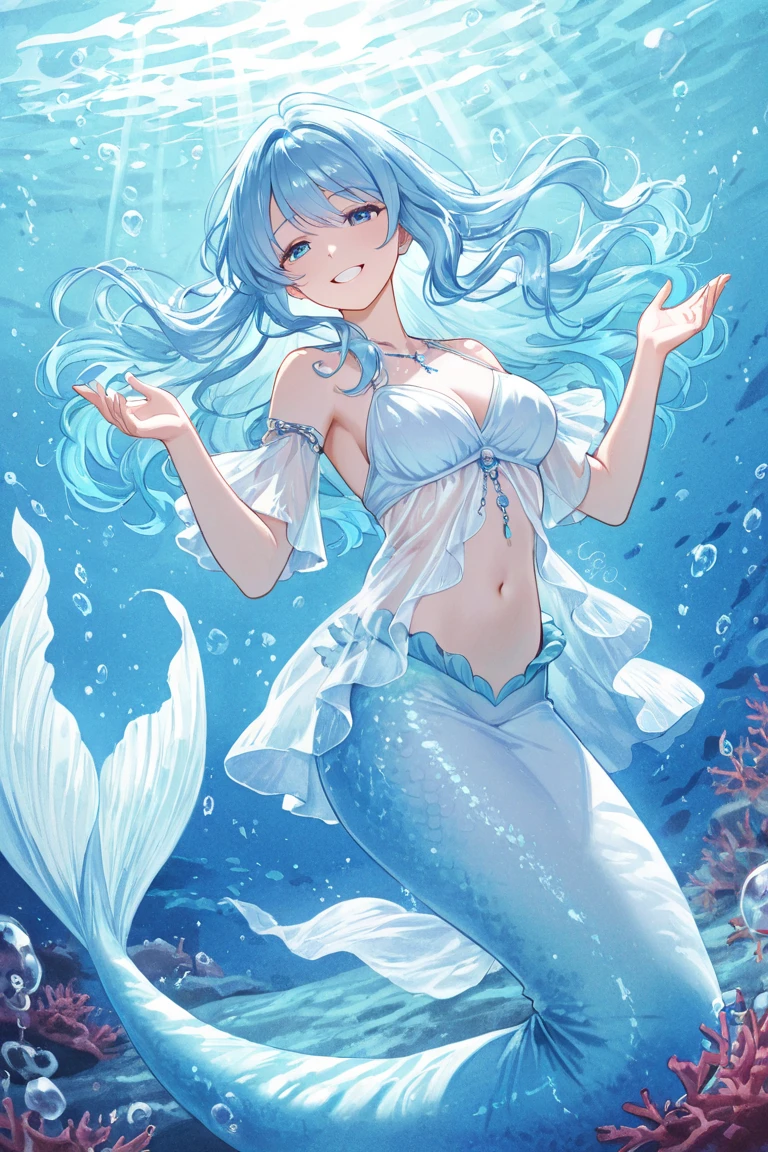(realistic:1.37),3D rendering,mermaid,white hair,pierced by arrows,detailed face,detailed fish tail,detailed ocean background,vivid colors,lighting effects