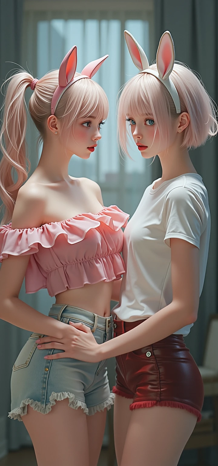 A realistic rendering of a David Wright style illustration of a very close shot, ultra close shot on the breasts of two pert, nubile, thin, freckled teen girls with 50s style, very short sandy blonde hair, bows in hair, topless, best quality, tiny breasts, bare breasts, small breasts, bare crotch, exposed crotch, pink nipples , puffy nipples , exposed nipples , wearing pink bondage straps, black, spiked choker necklace, a silver chain wrapped around body, open, white blouse, white lace collar, pastel lace, pastel lace straps under nipples, pastel lace straps under breasts, open light blue, fuzzy sweater, undressing, uniform, partially clothed, silver art deco design background, ultra close shot on breasts