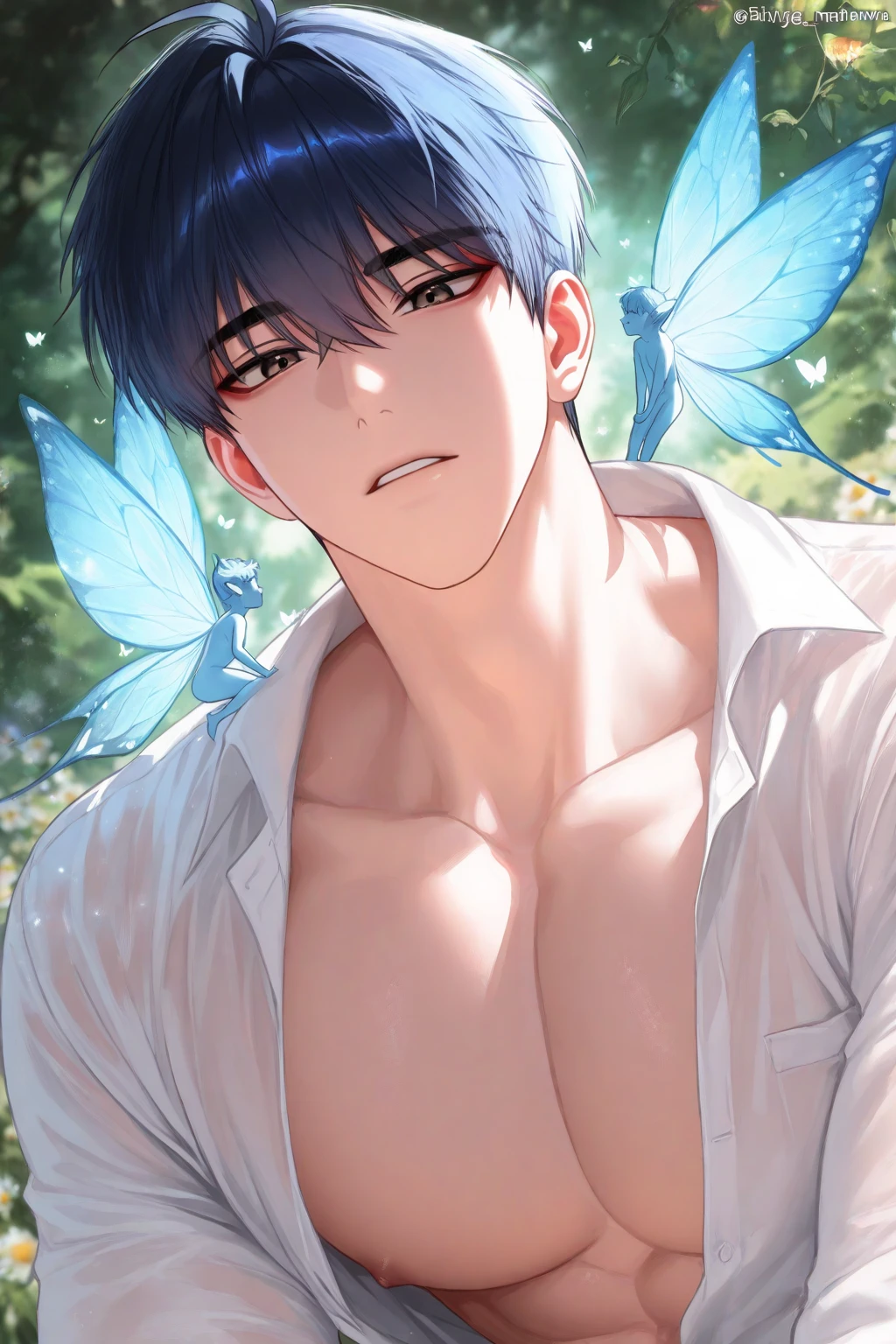 1boy,10 talents、(Man's :2) ,Handsome boy,A dark-haired、(Upper body naked:1.5)、mid night 、Japan、dark ilumination、hightquality、masutepiece,8K,NSFW,
