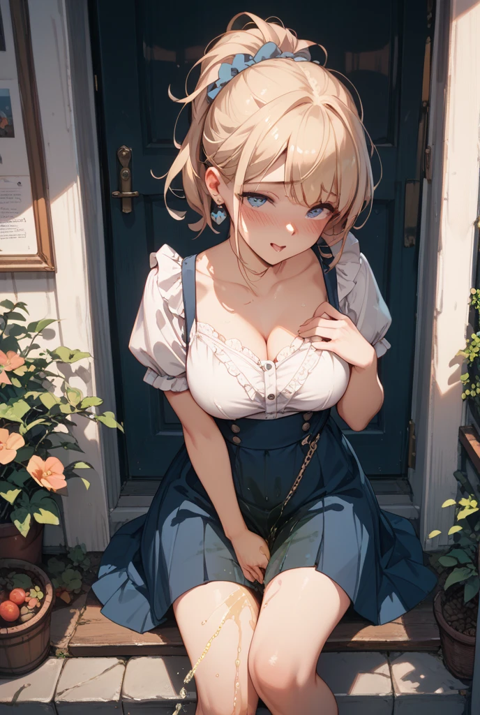 1 girl, solo, outdoor, nfsw, beautiful detailed, 16k, absurdres, master piece, ultra detailed, beautiful girl, 24 years old, blonde chignon hair, Hoshino Ai, hunter dress, (upskirt), crotch forces, ((detailed feminin shiny embedded lace pastel color pantiese)), (Her panties are visible because She's spread legs and her skirt is rolled up),