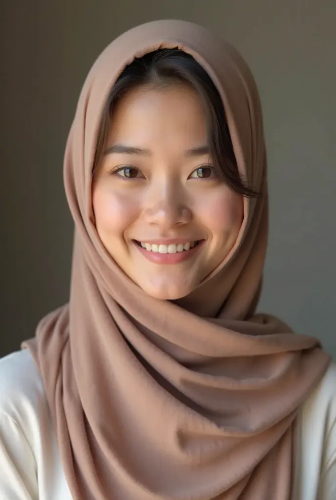 malaysian girl wearing hijab, beautiful face smiles sweetly, naked, small breasts