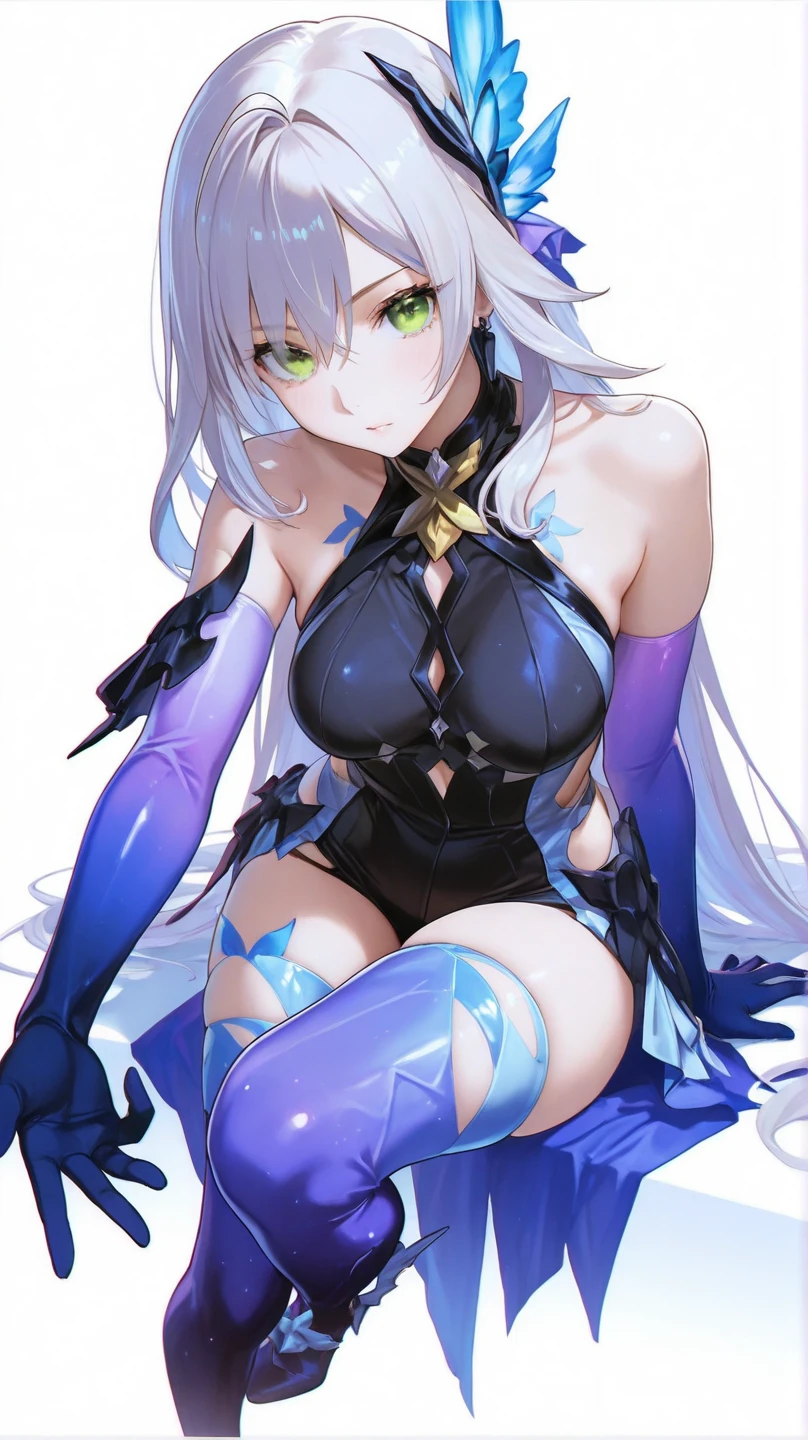 Dynamic Angle, ((Pose all over the body:1.5), (Colorful:1.2), (Extremely detailed CG Unity 16k wallpaper:1.1), (Noise Removal Strength: 1.45), (tmasterpiece:1.37), ((offcial art)), (Colorful:1.2), (Extremely detailed Cg Unity 8K wallpaper, Ultra-detailed, Beautiful detailed eyes:1.2), (((Extremely detailed))), Highly detailed, Beautiful, small detailed, Ultra detailed, Intricate, trending on artstationh, Good anatomy, Beautiful lighting, The award-winning Silver Wolf /(Honkai:star rail/) 1 girl, whaite hair, Long hair, bangs, black bunny ears, Cold face, (eyewear on head), Long hair, pony tails, choker necklace, Collarbone black pajamas, Black nightgown, standing full-body, Solo, White background, indoor, god light, Sparkle, Glowing light, ((Masterpiece)), ((Best quality)), Masterpiece, (((Best quality))), Best quality, 4K, 8K, hyper HD, Award-Awarded