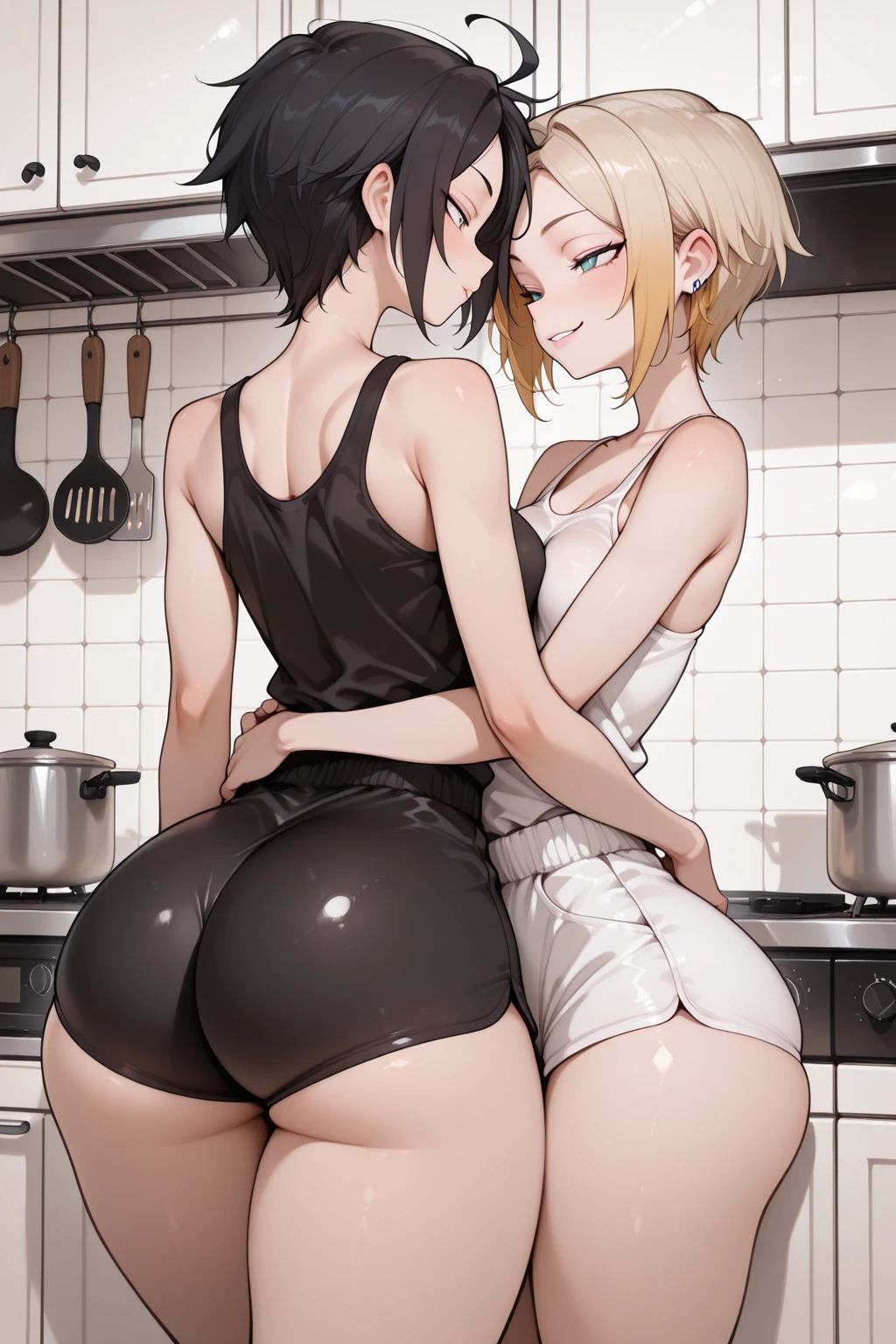 ((multiple mature women with curvy bodies, 35 year old, American milf supermodel)) wearing topless and thong panties, outdoor kitchen patio, smiley greeting viewer, ((wearing topless holding headbutt, hug facing each other side view, covered in cum dripping nsfw, breasts in the face, 1 woman standing 1 man sitting)), mantea, necklase, aretes, hair in large bun, raining