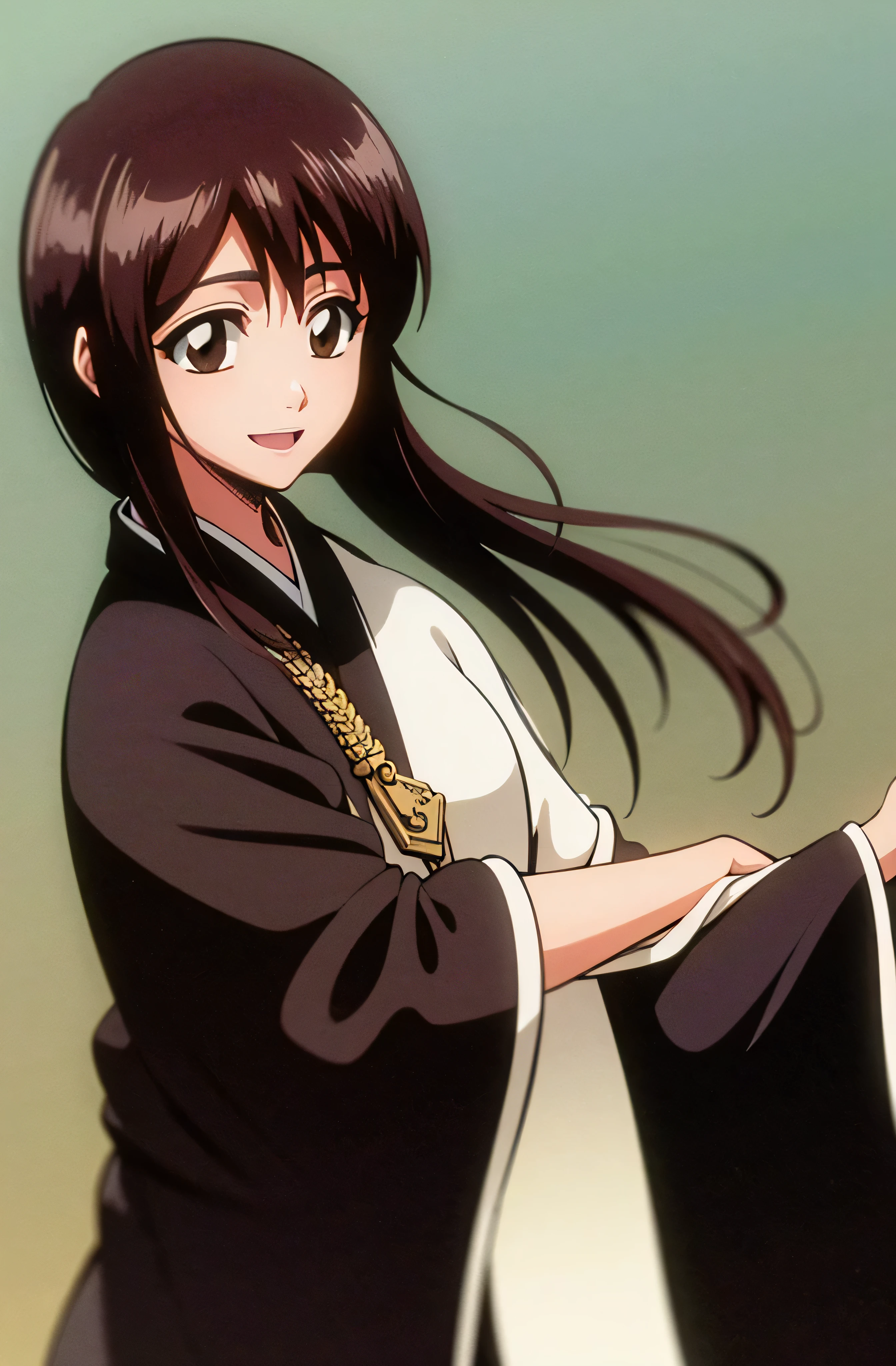 Masterpiece, top quality , one girl from the side , romantic love , black hair, single ,Straight long hair, brown eyes, kimono, white sleeveless coat ,Captain's coat without white sleeves, black kimono , smile, alone, I'm looking for , simple background ,
