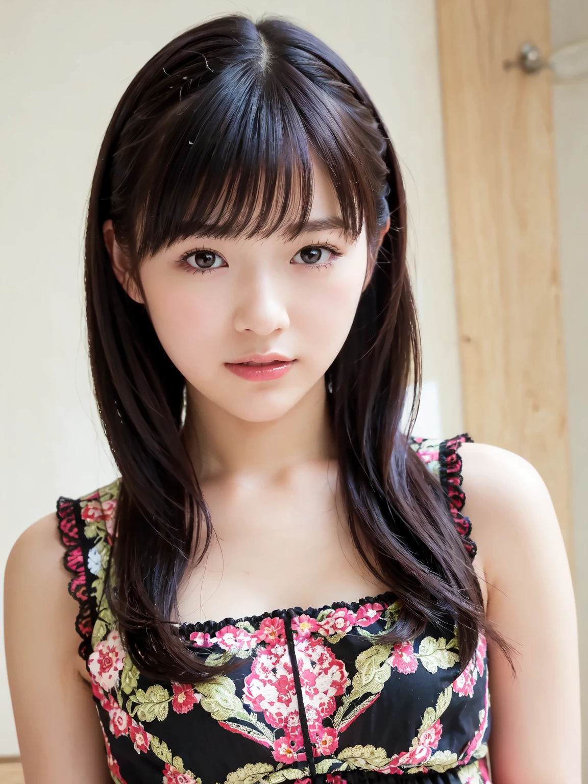 (masterpiece), (highest quality), (Super detailed), (messy hair), (shape), (one japanese girl), (fashionable lace bra), Are standing, Fashion Model, (interview), (simple pink background), fine and beautiful eyes, delicate beautiful face, floating, (high color saturation),  focus on face, ponytail, black hair, bangs,floating Hairs, (shining), best writing, best shadow,stylish living room