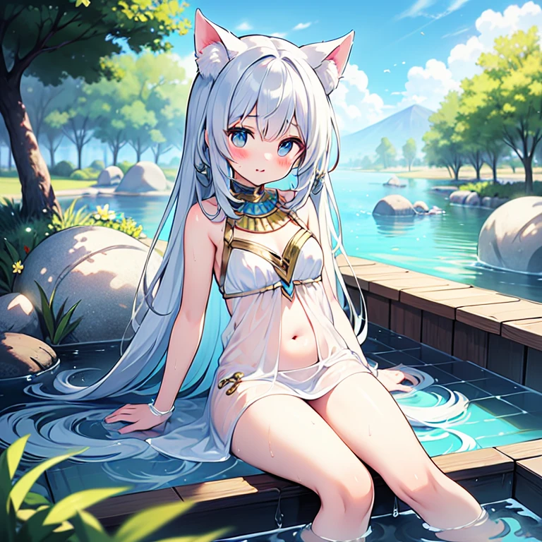 anime girl with white hair and white dress sitting on a rock, an anime drawing inspired by Sengai, pixiv contest winner, furry art, holo is a wolf girl, seductive anime girl, holo if a wolf girl, white haired deity, anime goddess, loli in dress, beautiful anime girl squatting, flowing hair and long robes