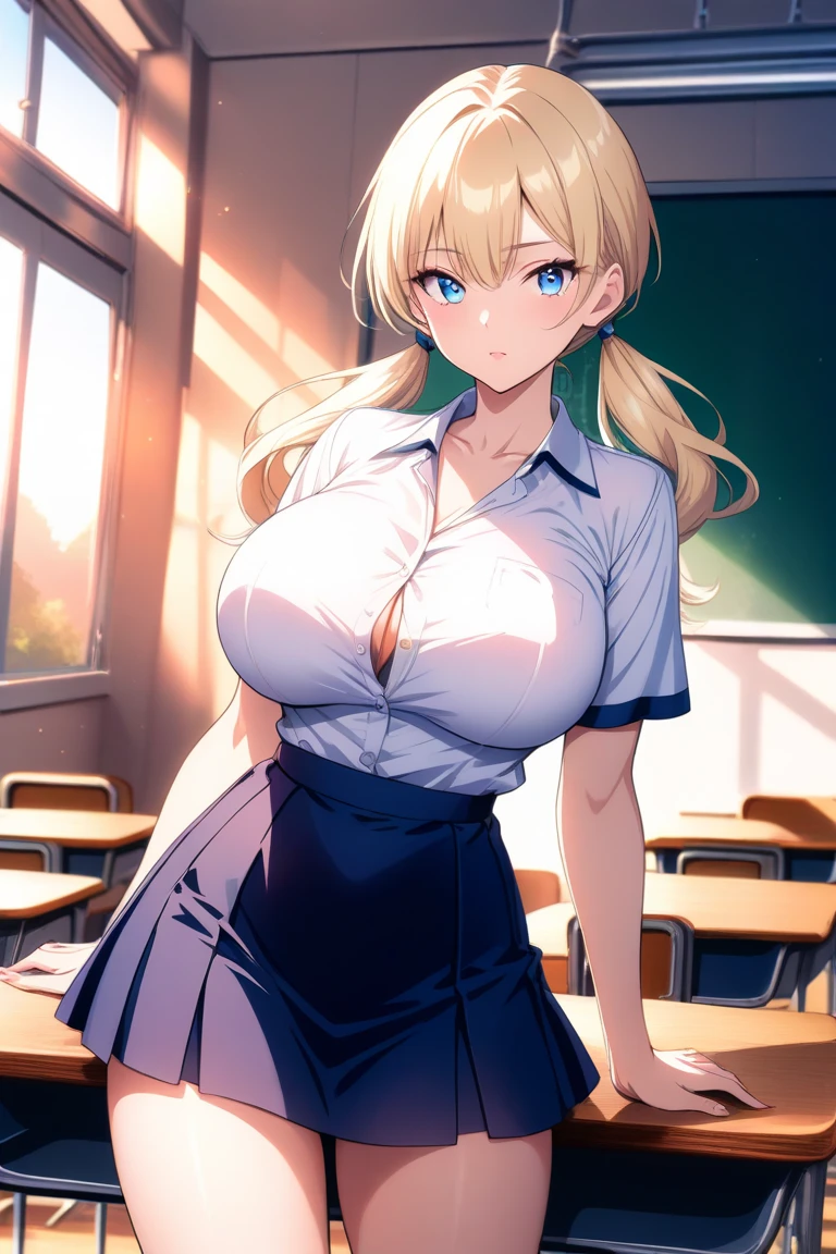 1 woman, blonde ponytall, plump body, blue eyes, Indonesian high-school uniform, white shirt, osis logo on shirt pocket, bellybutton, pussy, natural big breasts, nipple, up table, light-grey pleated skirt, erotic ose, full body shot, smiling, in the classroom, high ultra Detailed, 4k