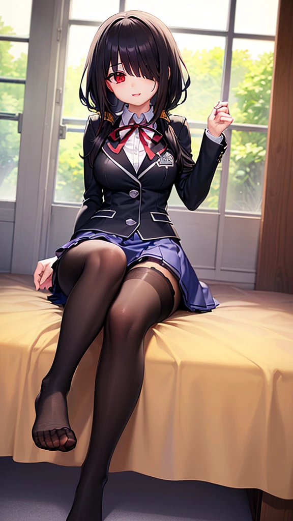 1 Anime girl in school suit, (Japanese school uniform), beautiful face, (big tits, perfect body) (masterpiece, extremely detailed, excellent quality), (lying on a bed with btazos up, open shirt),