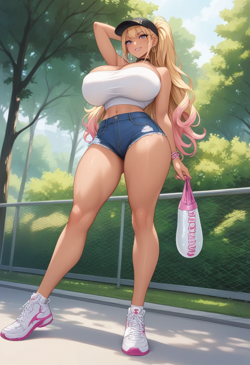（（（Perfect figure，figure，solo， White skin，（（（cyberpunk，short sleeves,  dolphin shorts, t-shirt, pink shorts, red shirt, , ））），（（（MiaChadef, long hair, Long Straight blonde hair, brown eyeasterpiece)), high resolution, ((Best quality at best))，masterpiece，quality，Best quality，（（（ Exquisite facial features，Looking at the audience,There is light in the eyes，(（（lol，Happy，））），smile））），（（（Light and shadow，Huge breasts））），（（（Looking at the camera，out door background，Lying on the ground，Look up at the camera，from above，Overlooking)）））