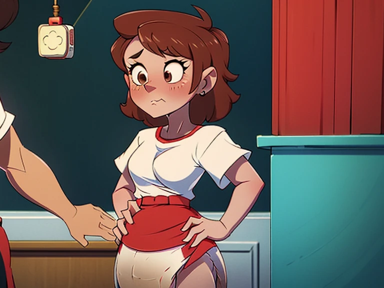 ((body sweat, mature lady, brown hair, blue eyes, big breasts, big breasts, short hair)) pixar mom, attractive woman, mature woman, ultra high detail, ??????, looking into the camera, big breasts, thick lips, big hip, big cleavage, red heels, red skirt, checkered stockings, apron, marked abdomen, sweaty face, camera focused on the face