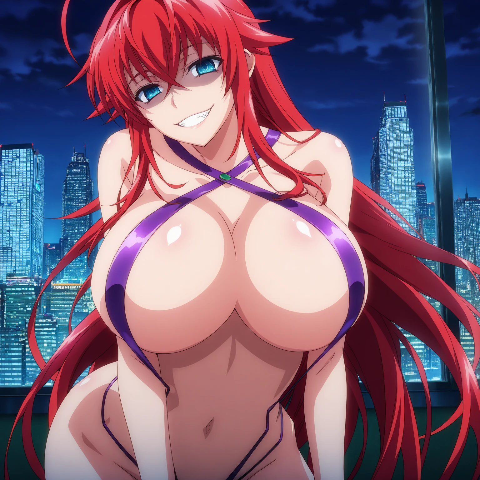masterpiece, Best quality, 1 girl, night, long hair, Show Viewers, :3, cute, flesh-colored bikini, outdoor,night pool,curvaceous, (((blue eyes)))), rias gremorly, red hair, antenna hair, wavy hair, ((beautiful detailed eyes, beautiful detailed shine)), selfie, embarrassing,blush,