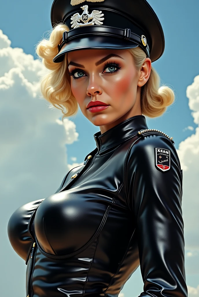Gorgeous european woman with very short hair, short 50s pinup hair, wet hair, hair slicked back, combed straight back, slick hair, streaked blonde hair, seductive, 50s bomber girl fighter pilot, sitting on a large missile, cleavage, solid dark grey background