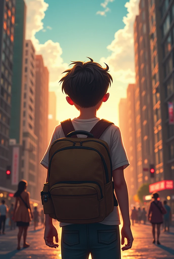 Tim is walking to school. He is carrying his backpack and looking at the people on the street. Some are riding bikes, and others are taking the bus. Tim is thinking about the lessons he will have today.
