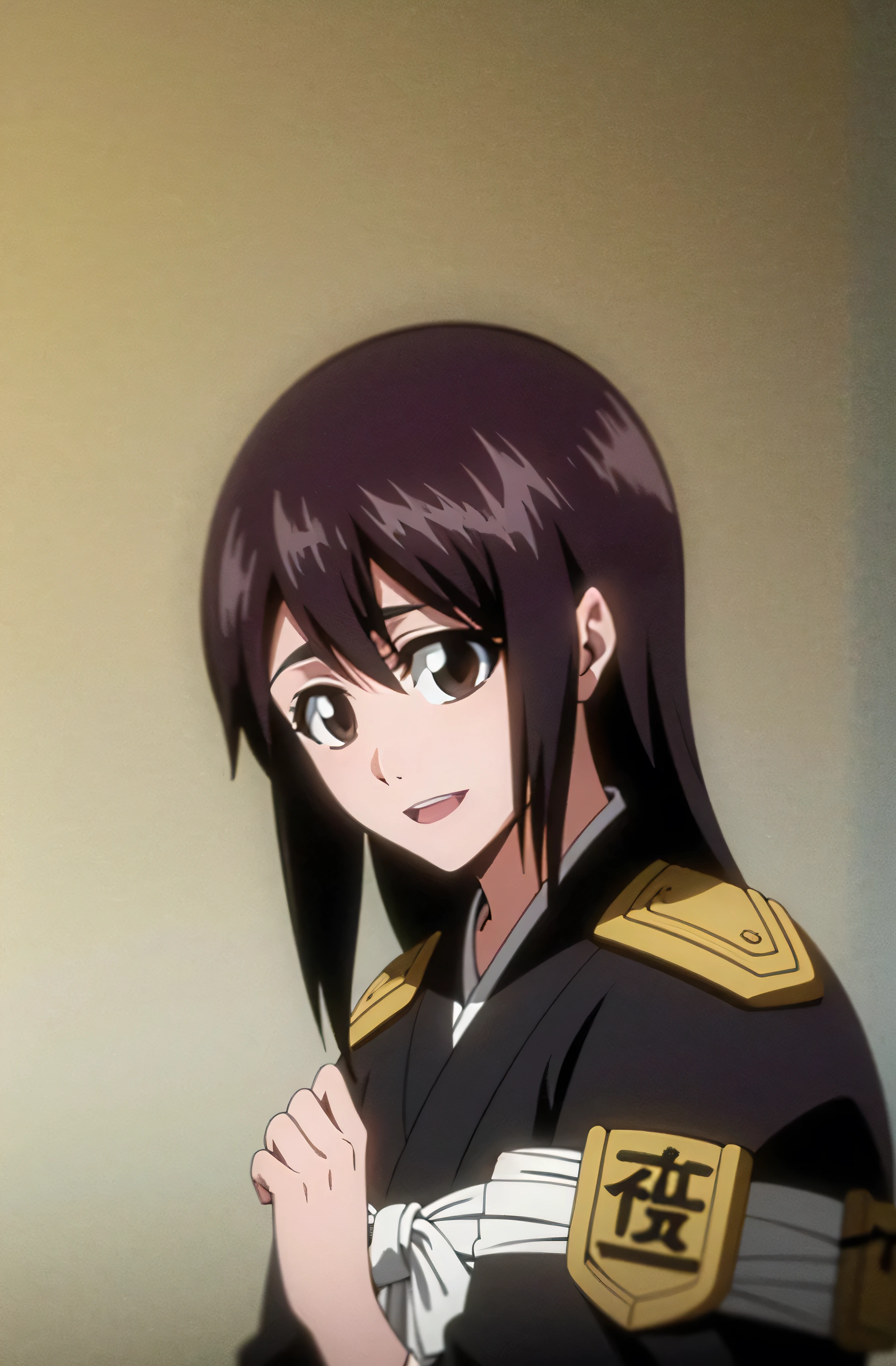 Masterpiece, top quality , one girl from the side , romantic love , black hair, single ,Straight long hair, brown eyes, kimono, white sleeveless coat ,Captain's coat without white sleeves, black kimono , smile, alone, I'm looking for , simple background ,
