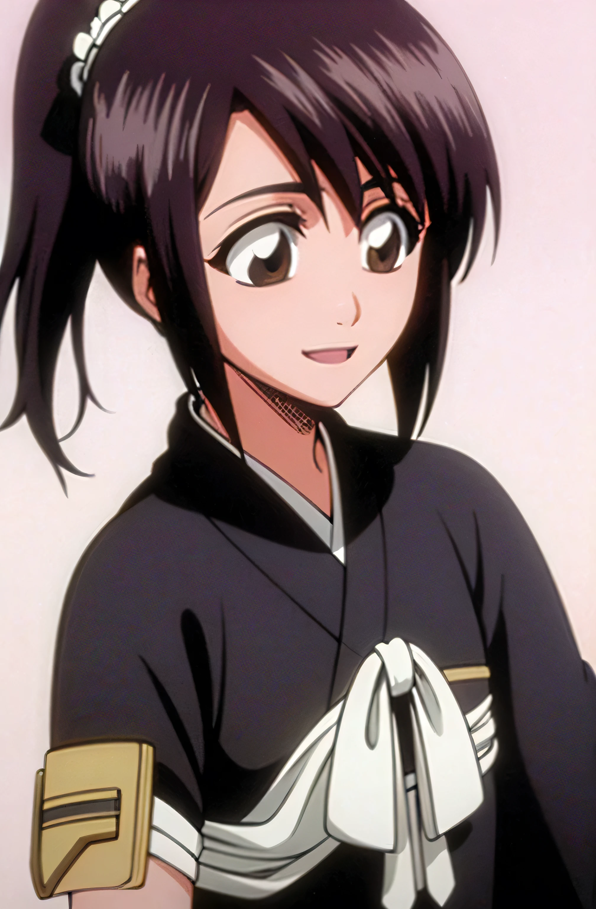 masterpiece, Highest quality , one girl from the side , romantic love , black hair, single ,ponytail, Vancouver, brown eyes, kimono, white sleeveless coat ,Captain's coat without white sleeves, black kimono , smile, alone, I'm looking for , simple background ,