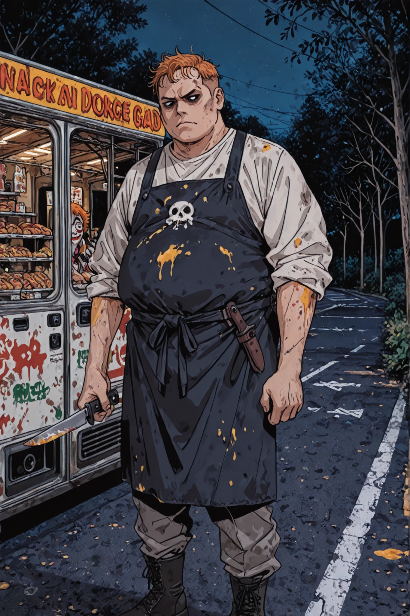 1man, (fat), clown make-up, horror movie villain, creepy, strong, orange hair, very short hair, black eyes, serious, clenched lips, white make-up, white shirt, black apron, grey pants, black boots, knife at belt, colourful knife handle, dirty clothes, mustard spots on clothes, ketchup spots on clothes, standing, foodtruck, standing near foodtruck, black foodtruck, holding knife, hot-dogs foodtruck, flame-job paint on foodtruck, countryroad background, parked vehicle, night, dark, trees at backgound, asphalt road, best quality,