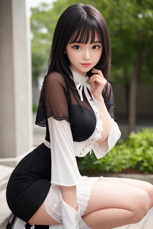 8K, Ultra-high resolution, Highest quality, masterpiece, 三分割法によるphotograph,Surreal, photograph, 1 girl, (16 years old:1.3), pretty girl, Cute face, Beautiful eyes in every detail, 細かくdetailedに,masterpiece,, One Girl:1.2, Japan Female Announcer,whole body,Young Wife,((Bondage and Gothic Lolita)),Pencil Skirt、Black Stockings,Black high heels、Full of cleanliness,A carefree smile,Healing the heart,short hair,Looking at the audience、beauty,Long neck、Laugh a little、Please close your mouth and laugh、(((Ideal body type))),A-cup small breasts :2,、Portraiture:2、Perfect Anatomy、鮮明なdetailed、detailed、Surreal、Light and shadow,Strong light